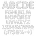 Black and white alphabet, letters, numbers and signs from round layers. Set of vector isolated objects.